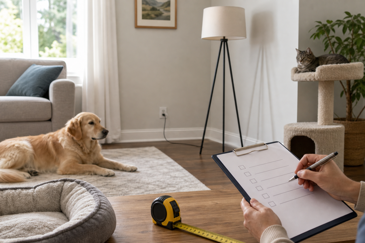 Generic dog and cat room with floor lamp checkout safety checklist