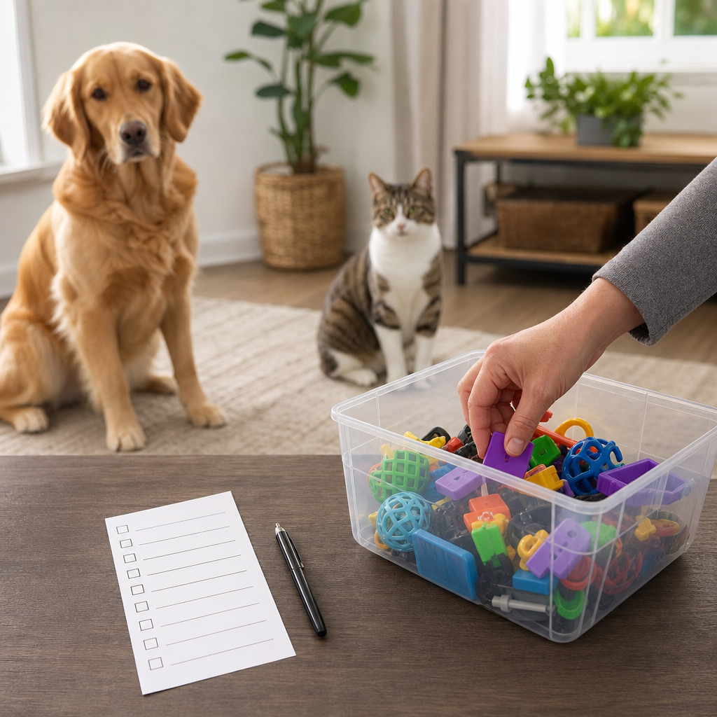 Generic dog and cat household toy storage checkout scene