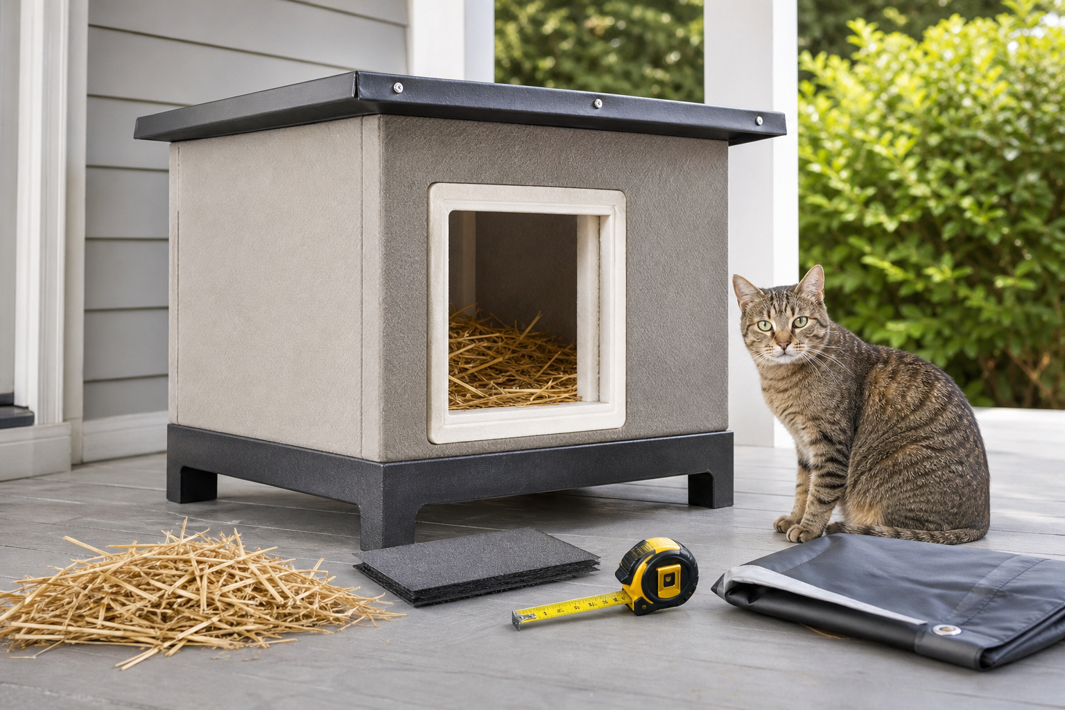Unbranded outdoor cat shelter shopping checklist with straw bedding and weatherproof details