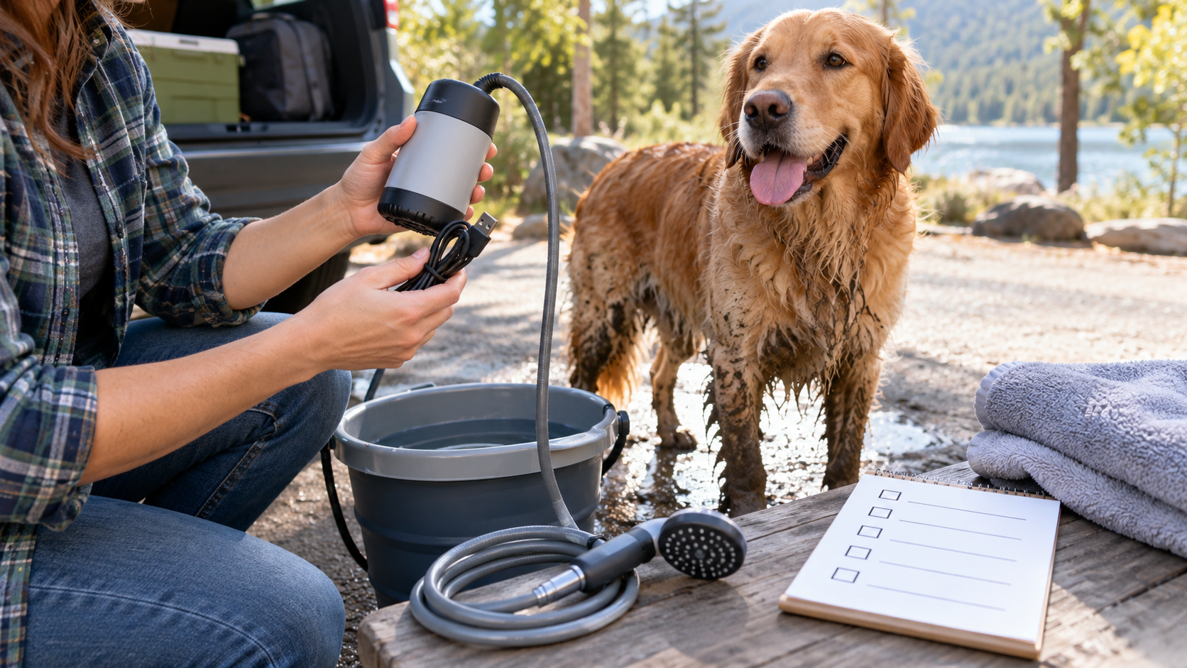 Dog owner checking a generic portable rinse kit before washing a muddy dog