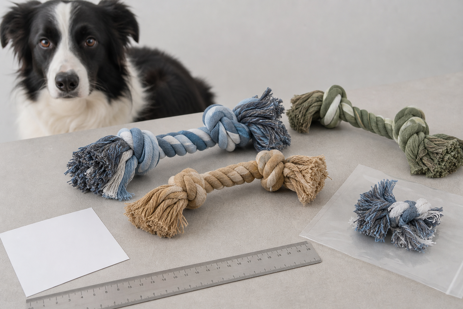 Generic dog rope toy checkout inspection with frayed rope and ruler