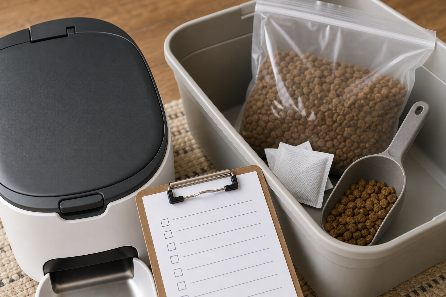 Generic automatic feeder, kibble storage bin and blank desiccant replacement checklist