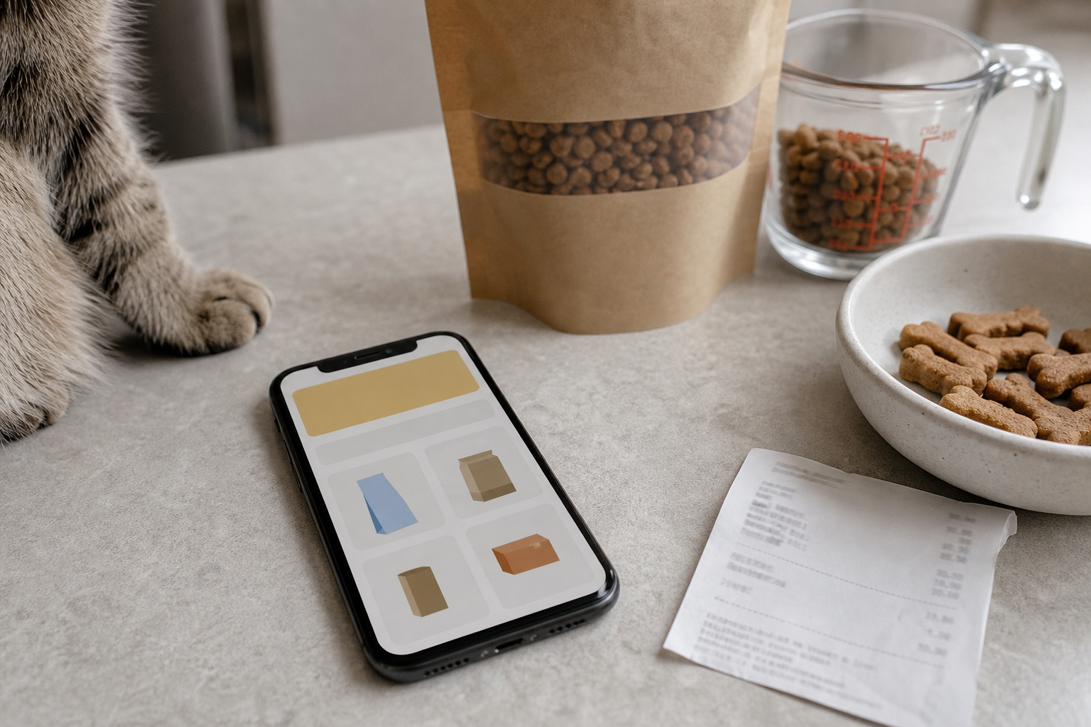 Pet treats, measuring cup and phone arranged for an online pet deal checklist